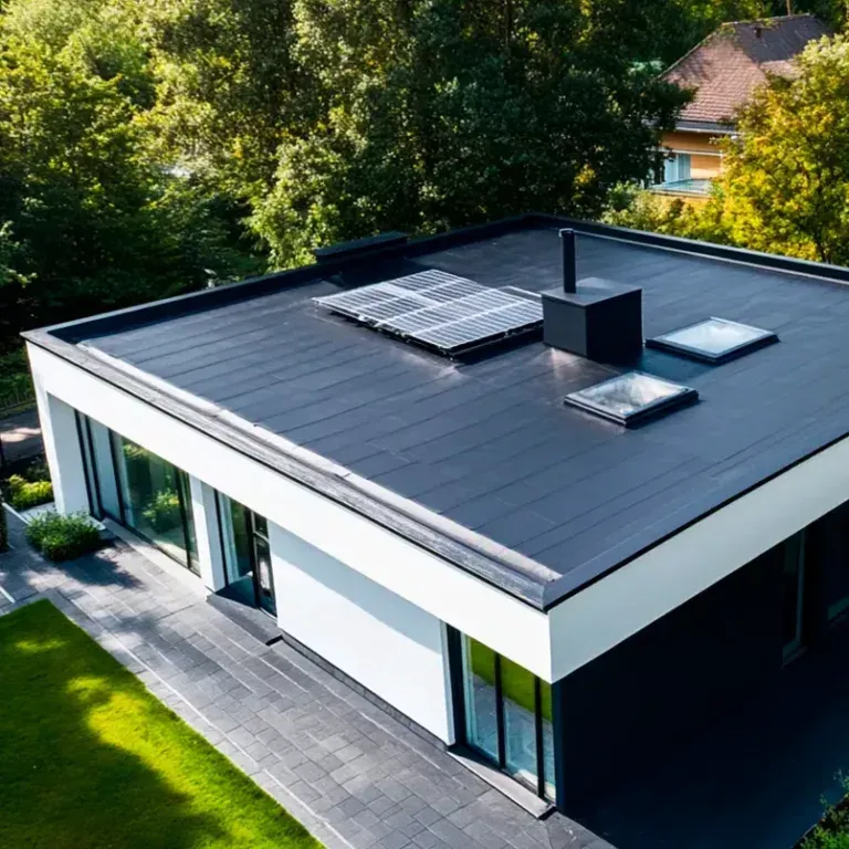 Modern flat-roof house with rooftop solar panels surrounded by trees