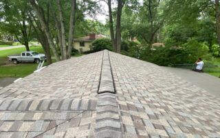 Curved roof lined with gray shingles in a wooded residential area, with a person sitting at right.