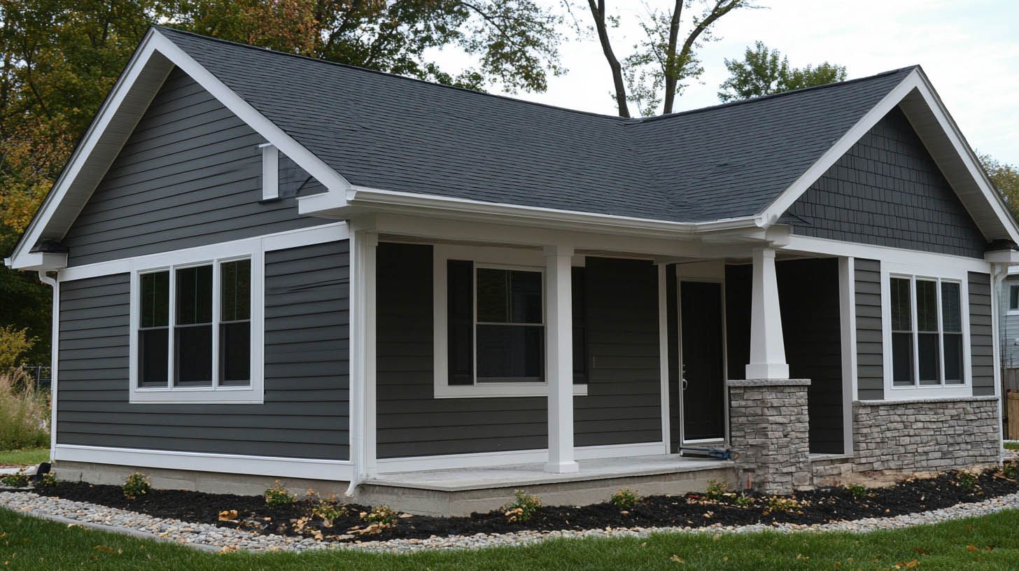 Gray farmhouse-style house with white trim, dark roof, and stone porch on a landscaped lot