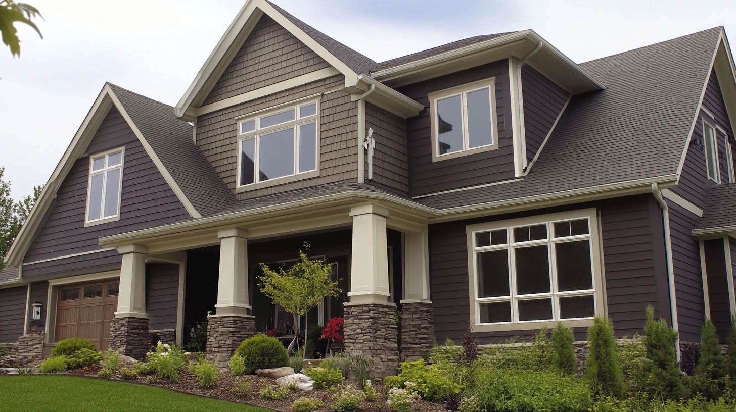 Modern dark-gray two-story house with a gabled roof, front porch, and manicured landscaping