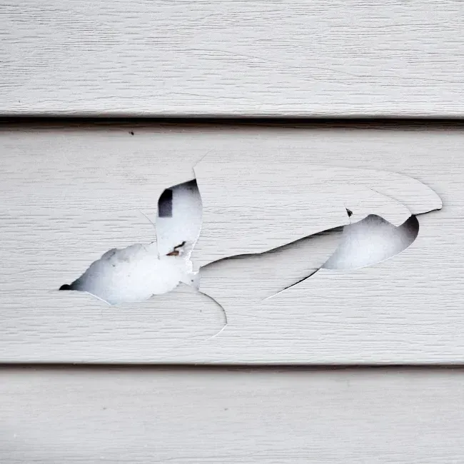 White painted siding with a torn hole exposing dark underlying material