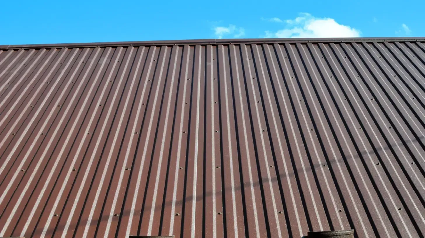 Rust-colored corrugated metal roof under a clear blue sky