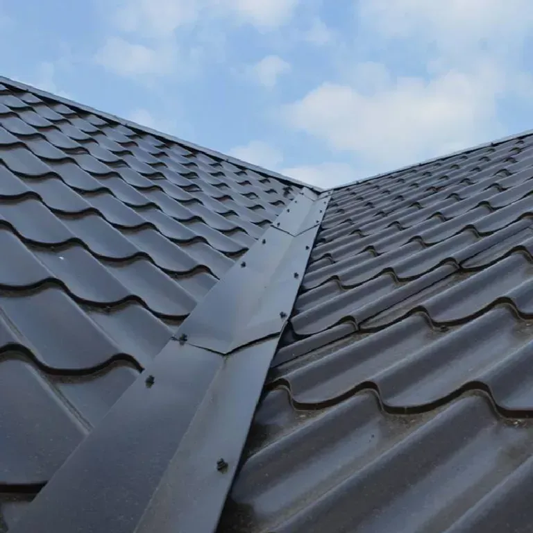 Dark metal roof with a central seam against a partly cloudy blue sky