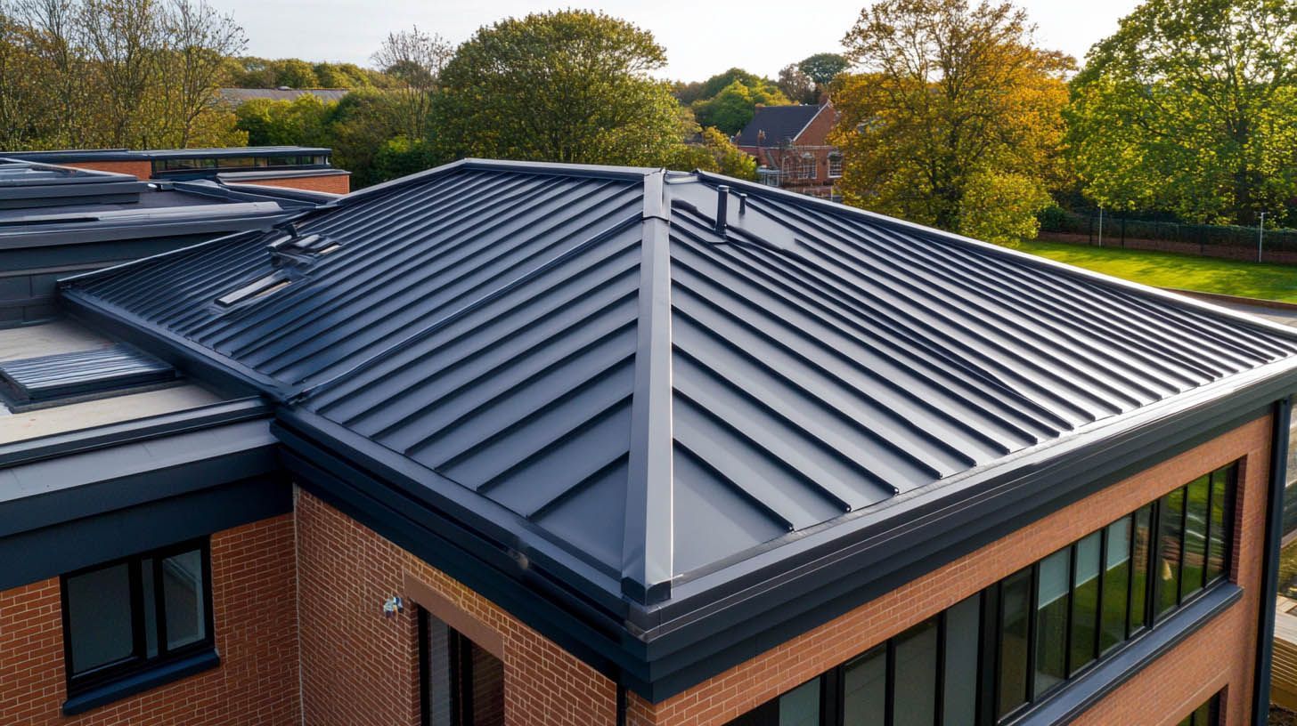 Dark gray metal roof on a brick building, viewed from above, with trees and a park in the background