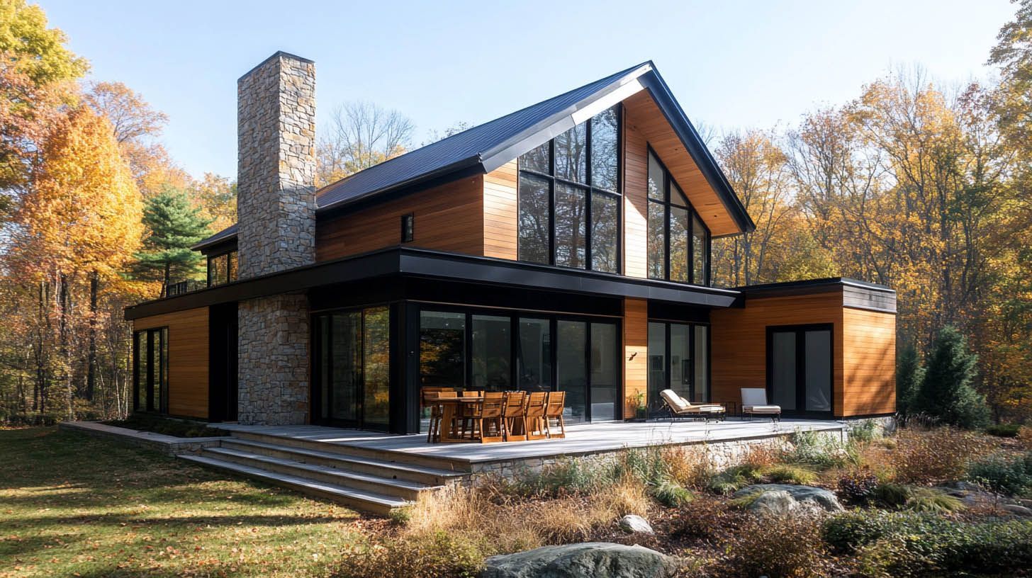 Modern two-story home with a stone chimney and wood siding, surrounded by autumn trees on a sunny, wooded lot.