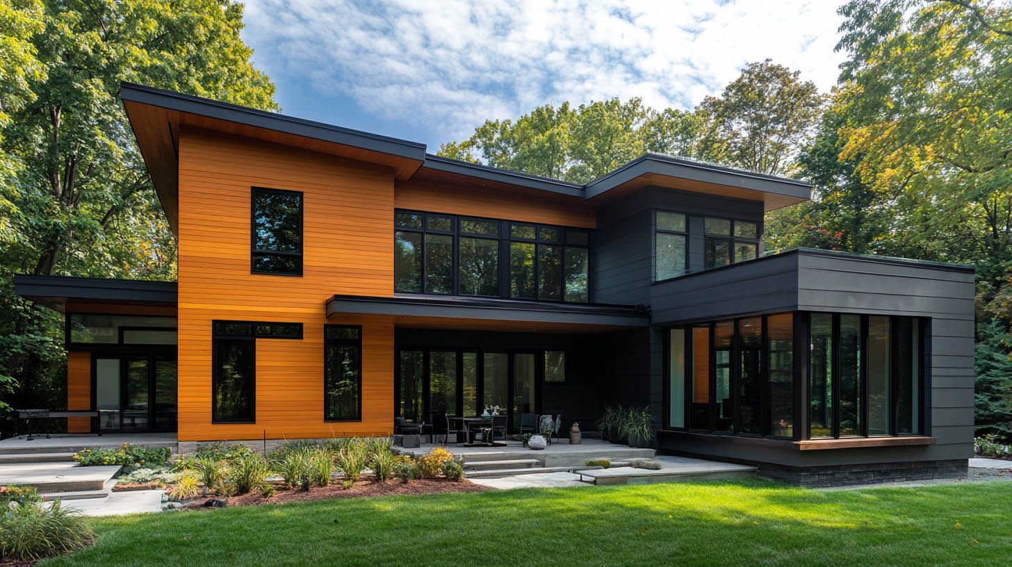 Modern two-story house with orange wood siding, dark gray panels, and large windows surrounded by trees and lawn