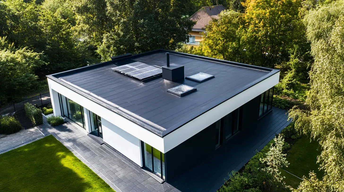 Aerial view of a flat-roof modern house with dark roof and surrounding green trees and lawn.