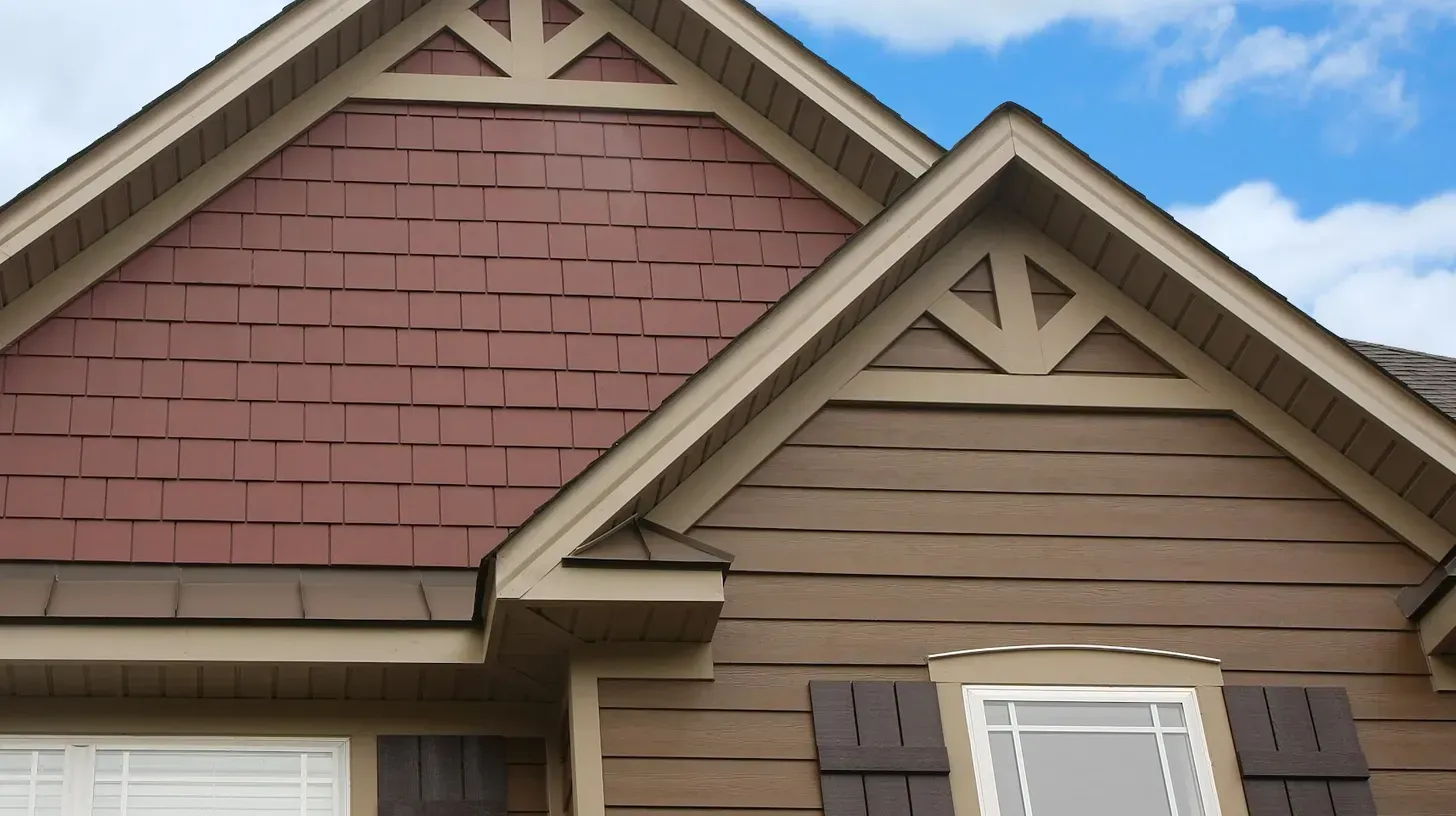 Close-up of a house roof with red and brown shingles under a blue sky