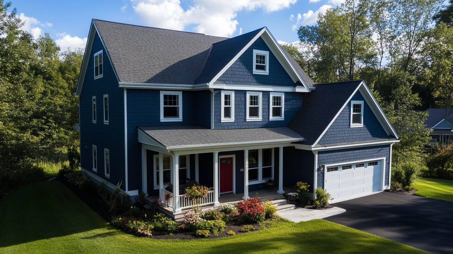 Two-story blue house with white trim, front porch, and attached garage in a sunny suburban yard