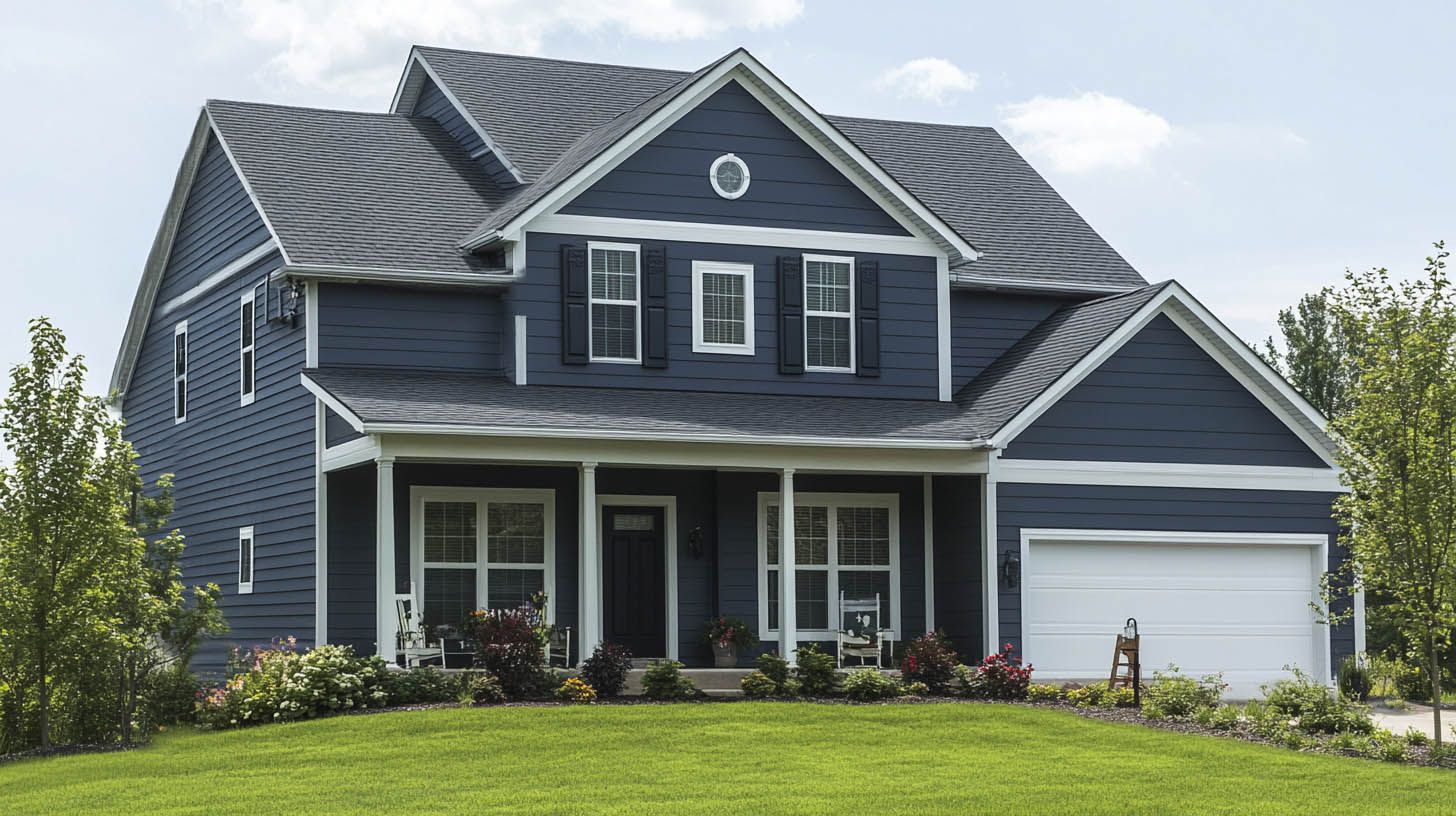 Blue two-story suburban house with a front porch, white trim, and attached garage on a green lawn