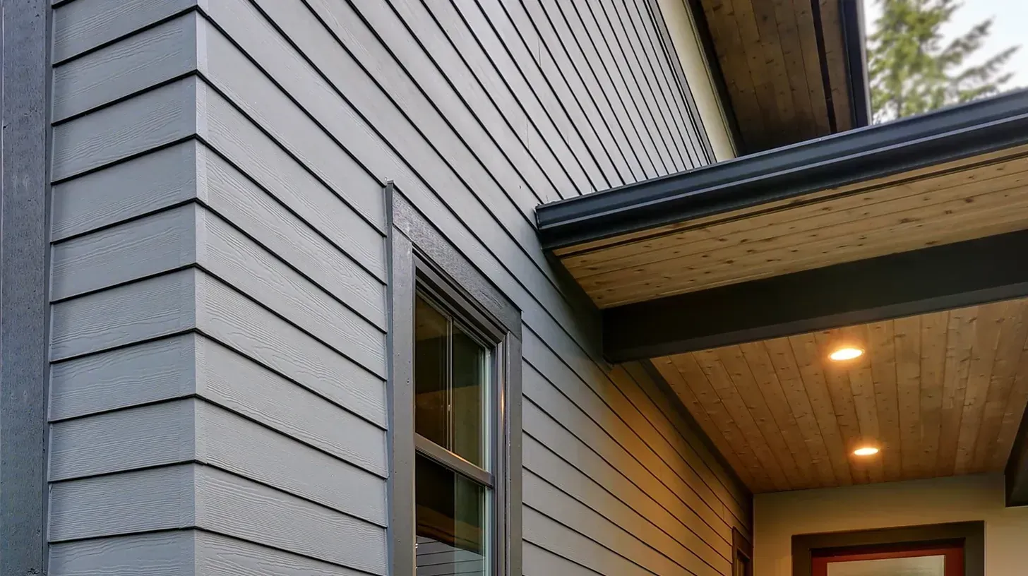 Gray house exterior with vertical siding and a covered porch lit by a recessed light