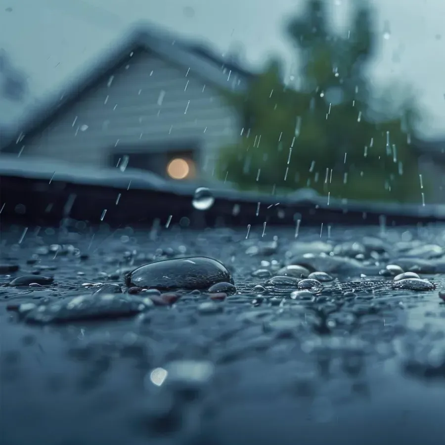 Rain splashing on wet pavement in front of a blurred house at dusk