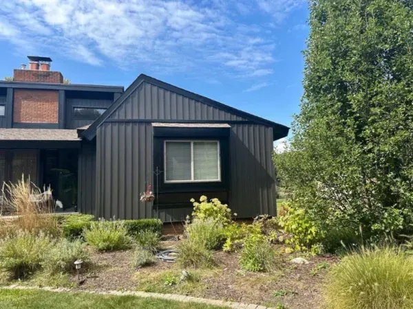 Modern house exterior with dark siding, large windows, and a landscaped front yard under a blue sky