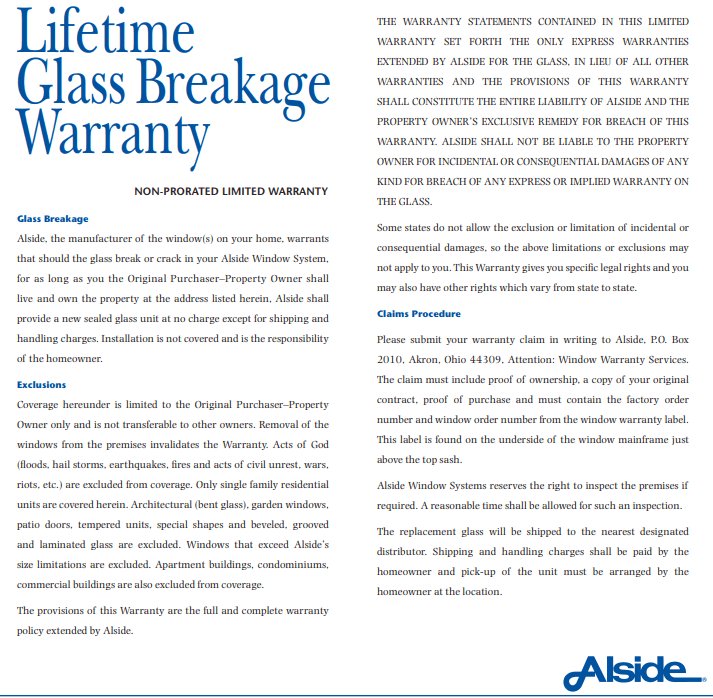 Lifetime Glass Breakage Warranty brochure with blue heading and two-column text, Alside logo at bottom right