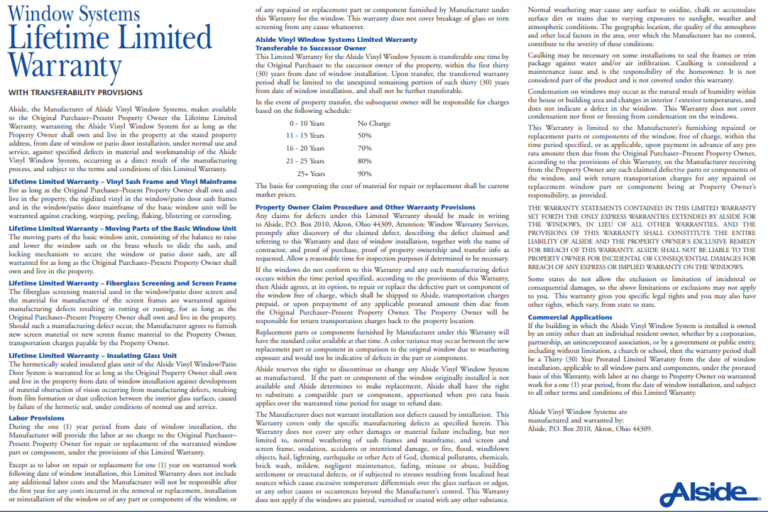 Close-up of a Windows Systems “Lifetime Limited Warranty” document with dense small print and blue section headings.