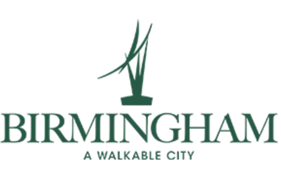 Birmingham Walkable City logo with green stylized tower above the text