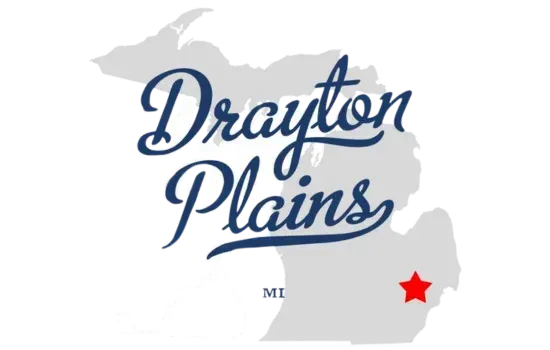 Drayton Plains logo over gray map with a red star marker on the right
