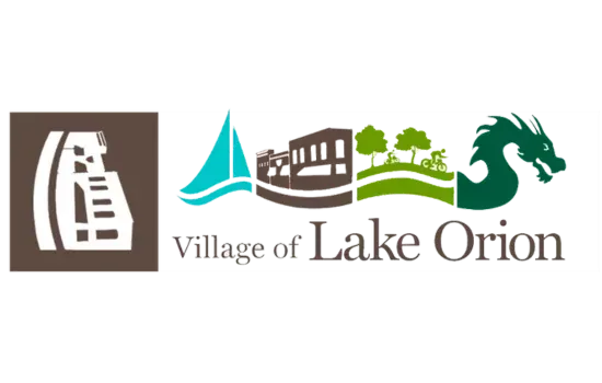 Village of Lake Orion logo with stylized dam, sailboat, building, trees, and green dragon icon