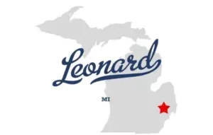 Leonard logo over a gray Michigan silhouette with a red star in the southeast