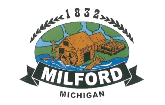 Milford, Michigan town logo with historic mill, laurel wreath, and “1832” above the name