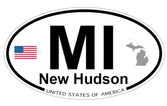 Michigan-style oval logo with U.S. flag, large “MI,” “New Hudson,” and small gray state silhouette