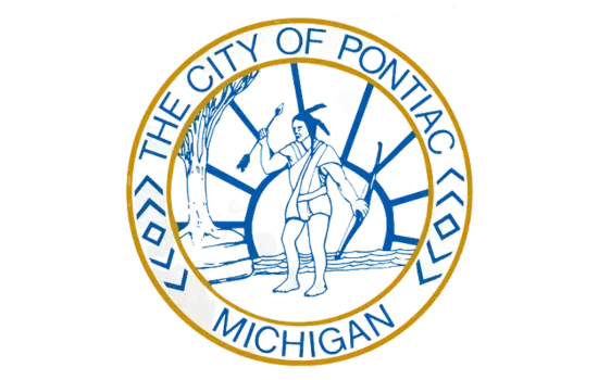 Seal of the City of Pontiac, Michigan, with blue and gold circular emblem and Native American figure