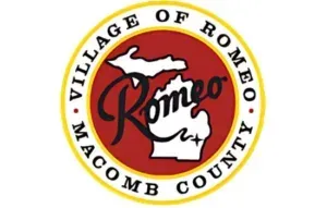 Village of Romeo, Macomb County circular logo with red Michigan outline and black text