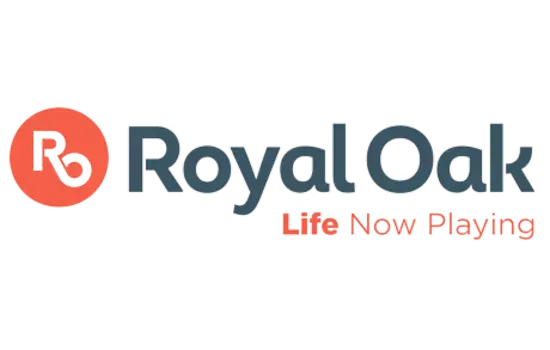 Royal Oak logo with orange icon and gray text, plus red “Life Now Playing” tagline