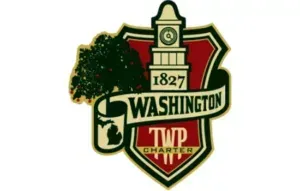 Washington Township shield logo with red, green, and gold, featuring a clock tower and 1827 text