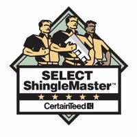 CERTAINTEED Select ShingleMaster logo with three roofers on a house roof