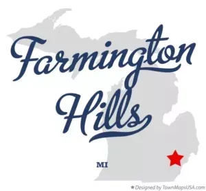 Farmington Hills logo in blue script over a gray Michigan silhouette, with a red star marker.
