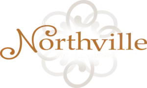 Northville logo in gold script over a pale gray decorative floral swirl