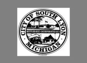 Seal of the City of South Lyon, Michigan, in black and white on a gray background