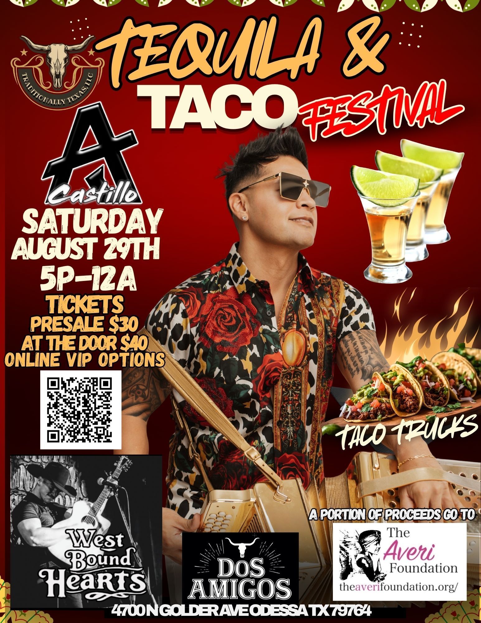 Tequila & Taco Festival poster with DJ, tacos, margaritas, event date, and ticket info