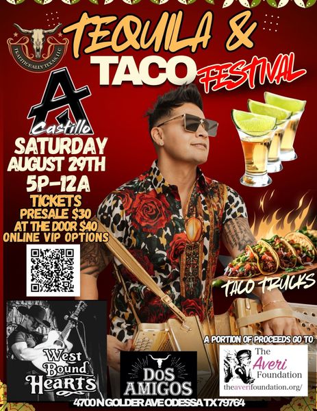 Tequila & Taco Festival poster with DJ, tacos, margaritas, event date, and ticket info