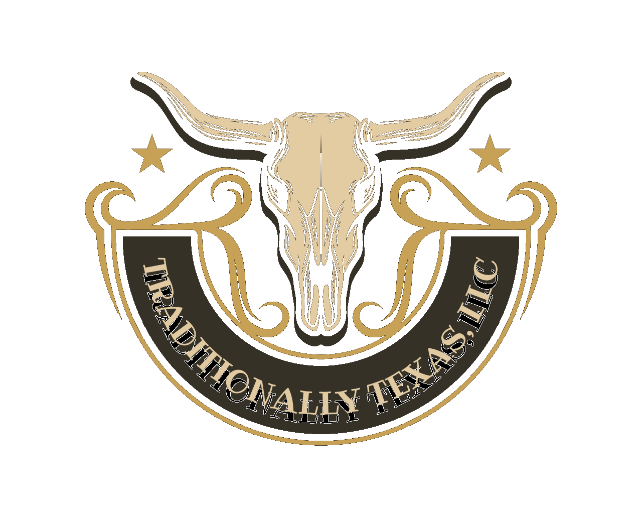 Texas Longhorn logo in gold and black with skull and stars, reading “Traditional in Texas.”