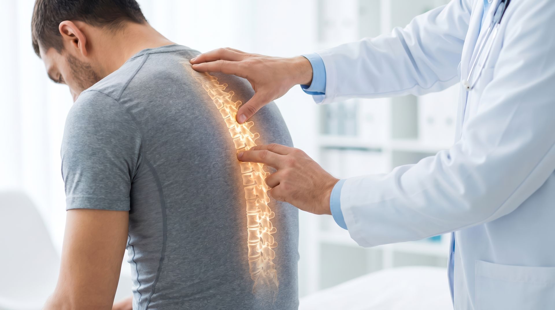 Doctor examining a patient’s back, highlighting spine pain in a bright clinic room