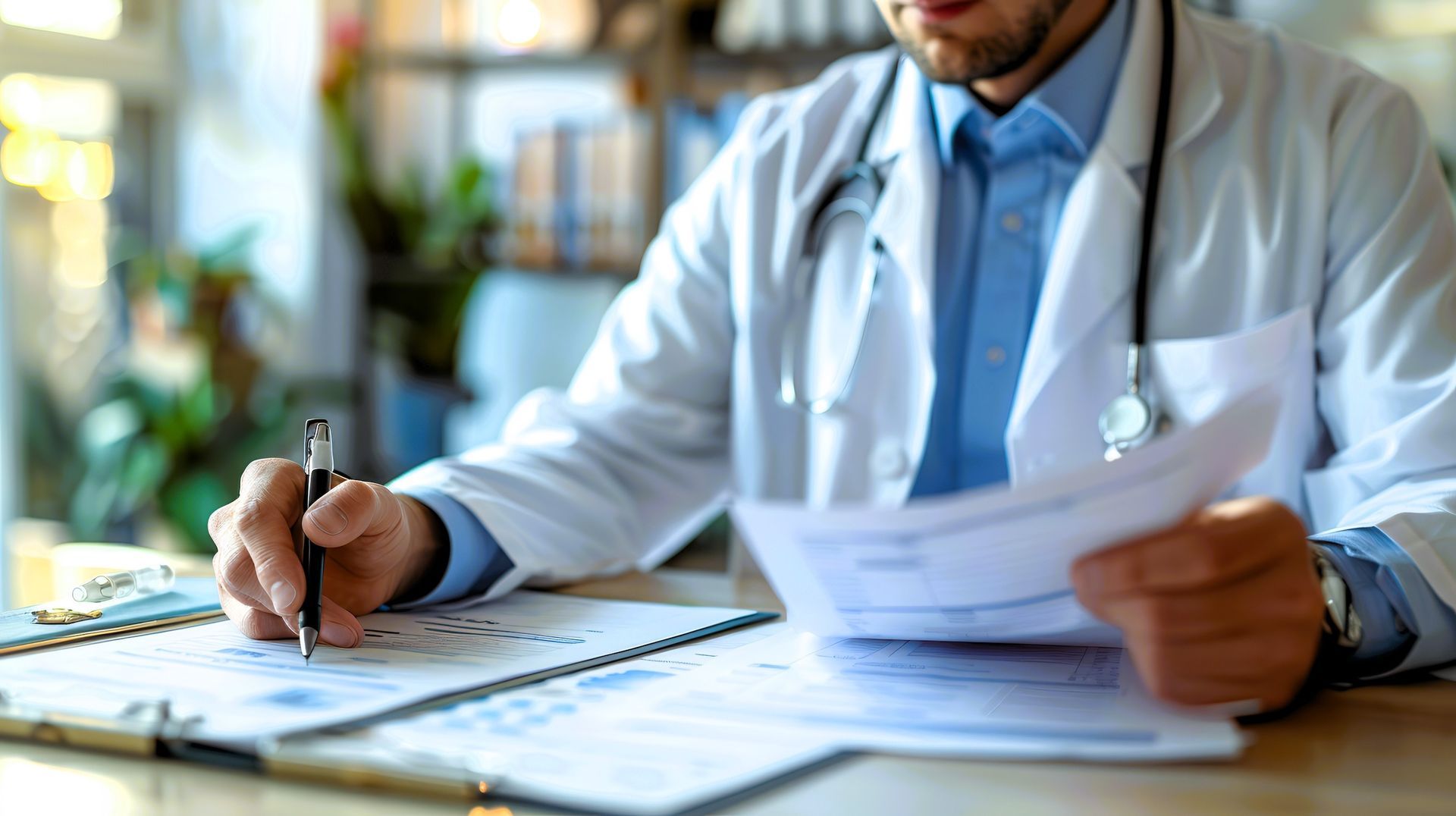 Doctor in white coat writing on a clipboard while holding papers at a desk in a bright office