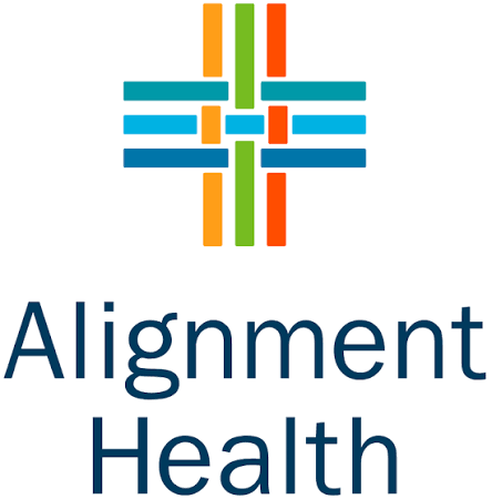 Alignment Health logo with blue text and a multicolored woven cross icon above it