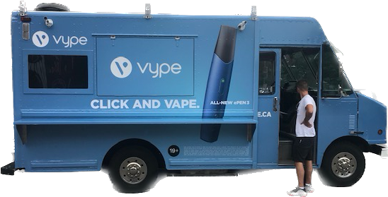 A man is standing in front of a blue food truck that says click and vape.