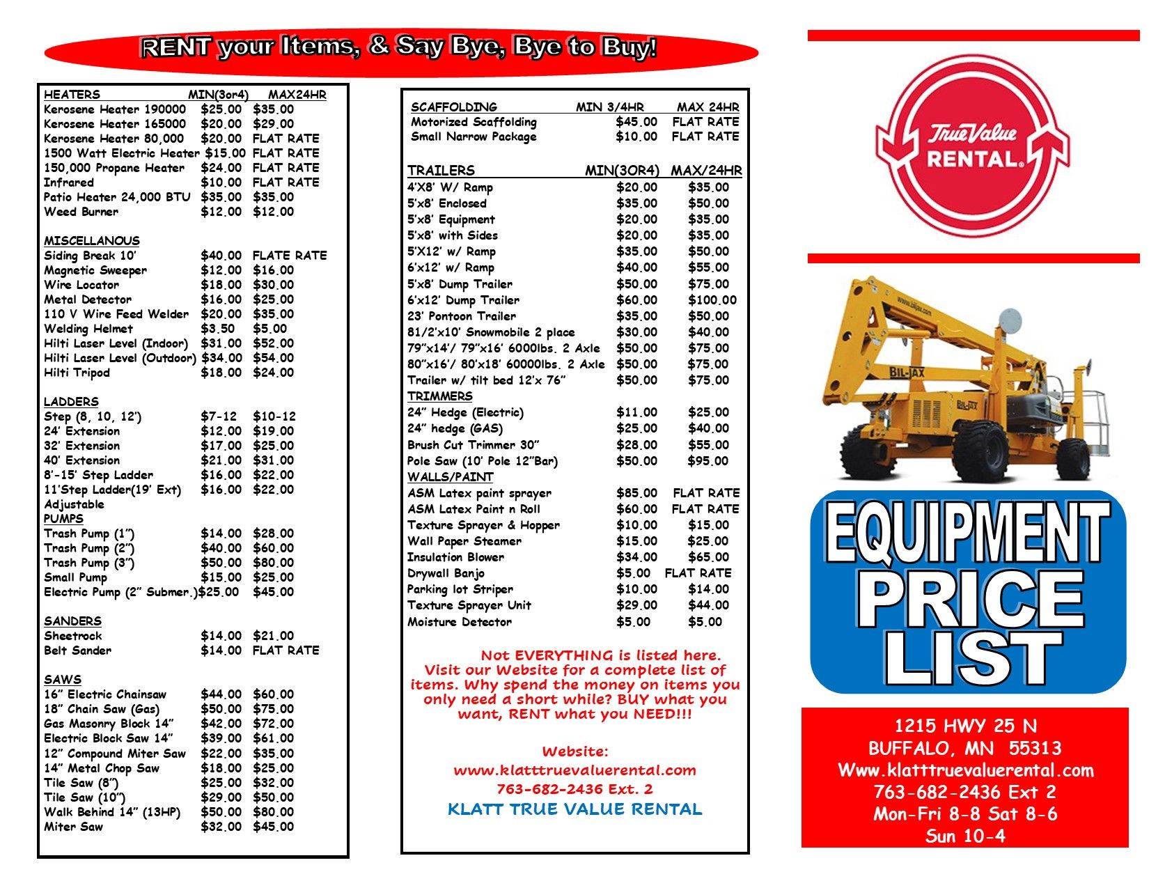 Construction & Homeowners Rentals Buffalo, MN Klatt True Value Rental