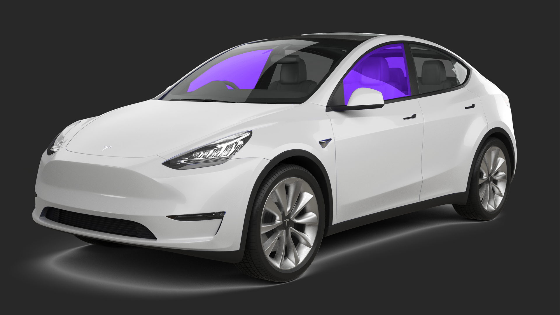 White Tesla Model Y with purple-tinted windows, on a dark background.
