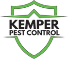 Kemper Pest Control logo with green shield outline and bold black text on white background