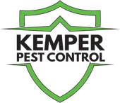 Kemper Pest Control logo with green shield outline and bold black text on white background
