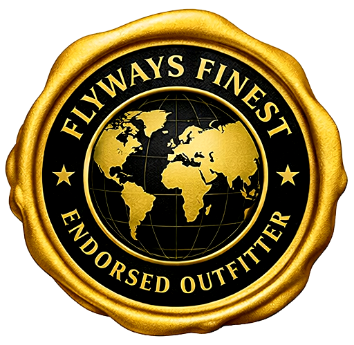 Gold and black wax seal logo reading “FLYWAYS FINEST ENDORSED OUTFITTER” with a globe center