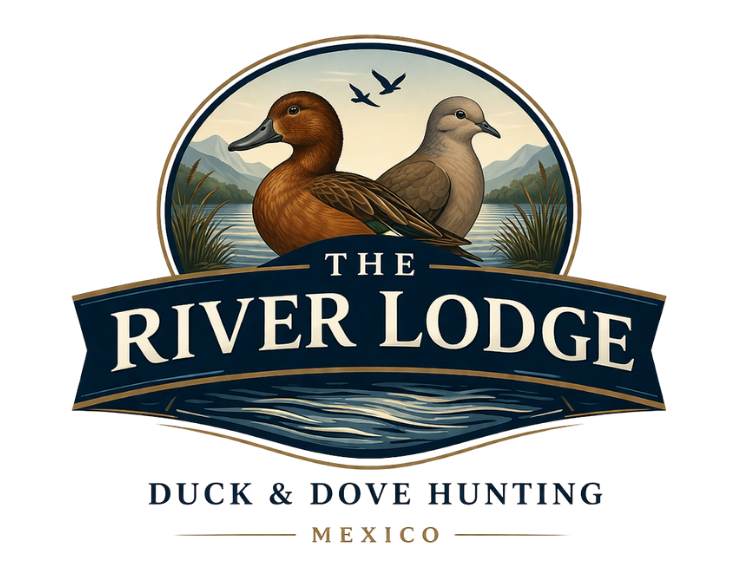 The River Lodge logo with ducks, river waves, and “Duck & Dove Hunting Mexico” text