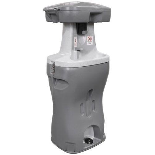 Gray and white portable sink with a top basin and soap dispenser on a wheeled base