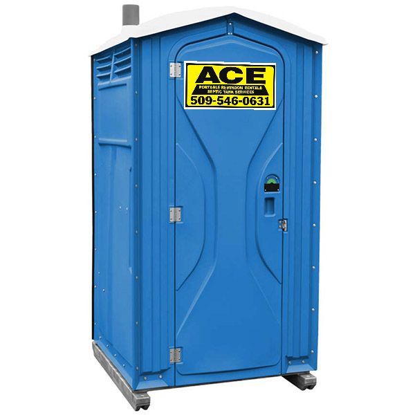Blue portable toilet with ACE sign and phone number on front