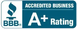 BBB Accredited Business A+ Rating logo with blue and white design