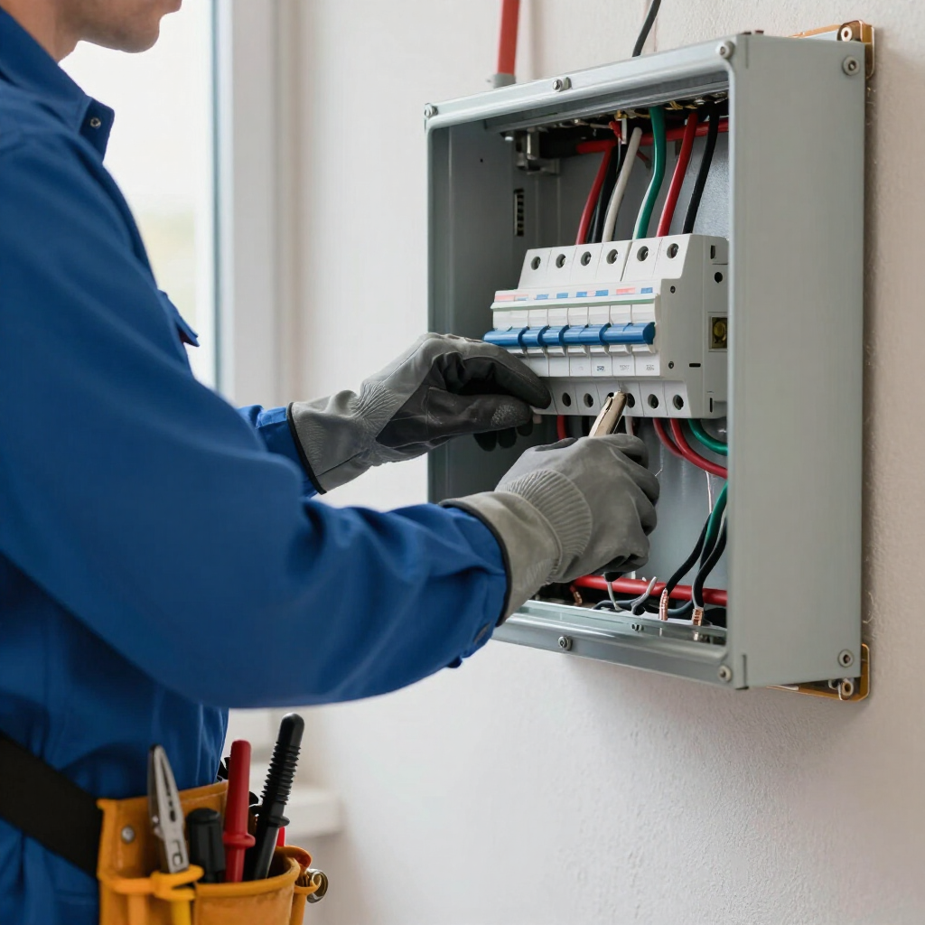 Technician in blue uniform wiring an open electrical breaker panel indoors.